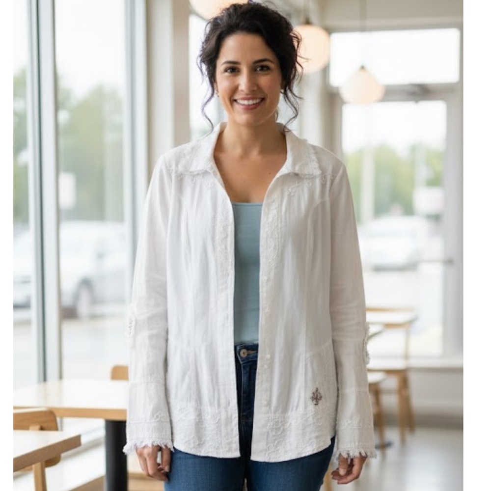 Caamano White Embroidered Button-Up Shirt